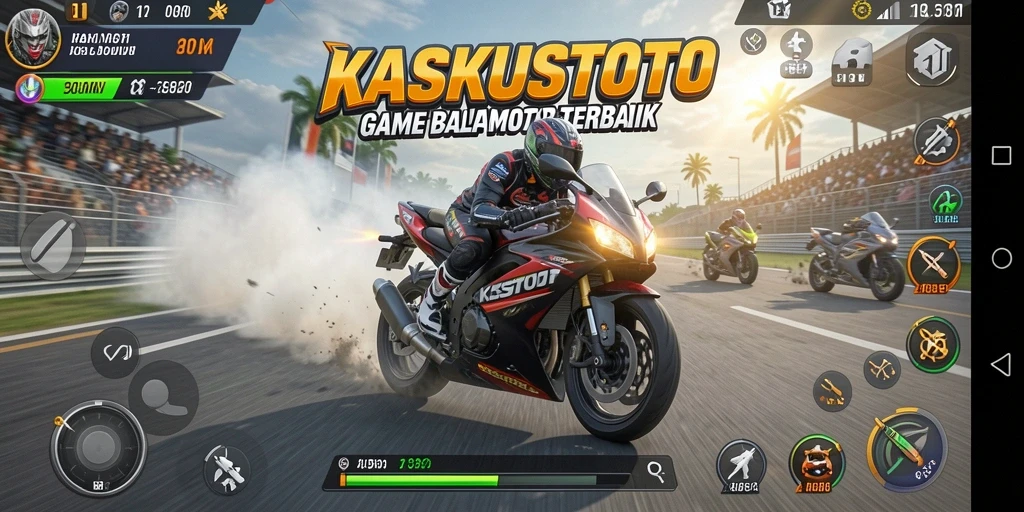 Screenshot gameplay KASKUSTOTO dengan aksi balap motor yang mendebarkan.